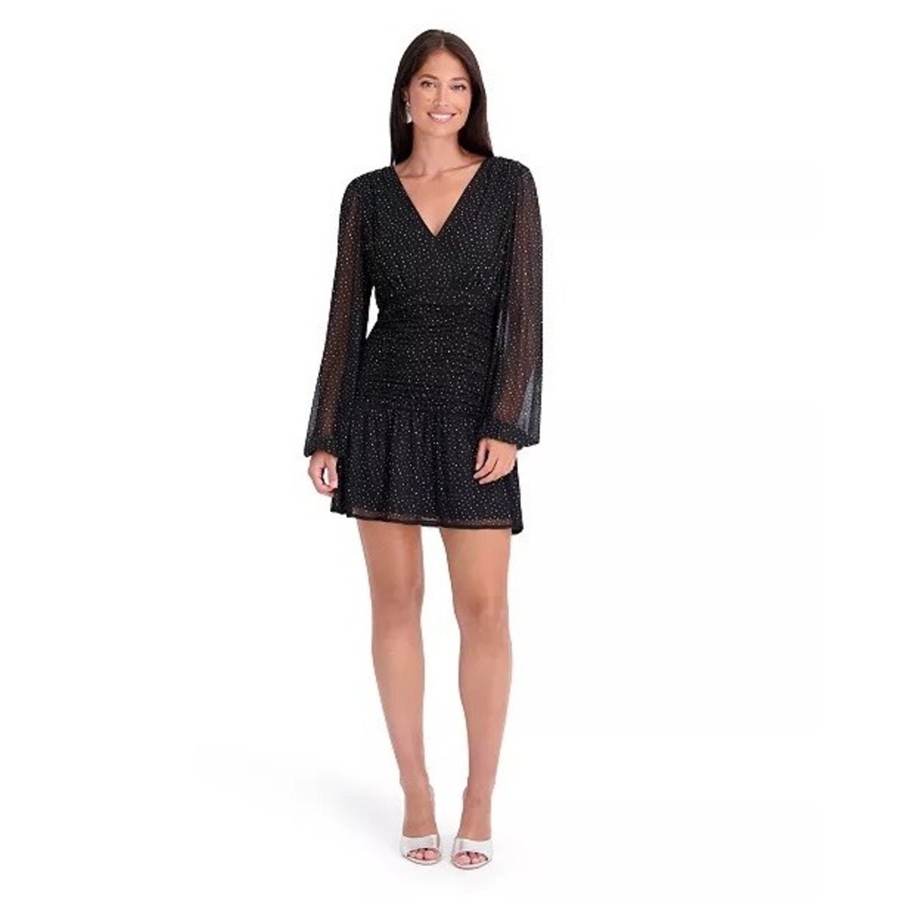 NWT Siena Mini Dress Women Black Rhinestone Ruched Long Sleeve 6